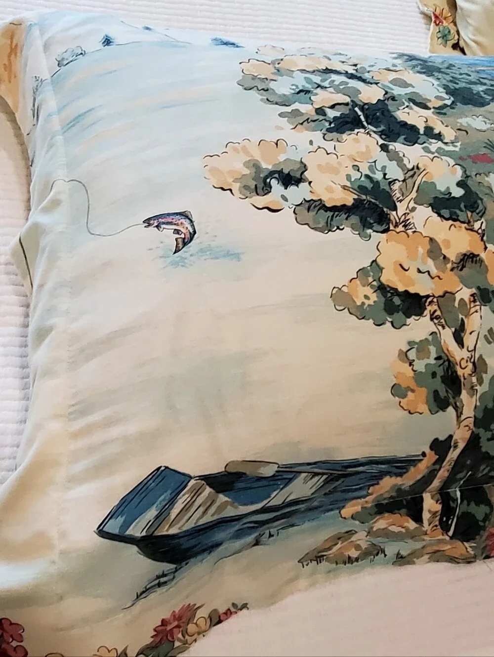 3 Vintage Pillow Shams Fisherman/Cabin/Mountains Creamy Ivory/Blues EUC